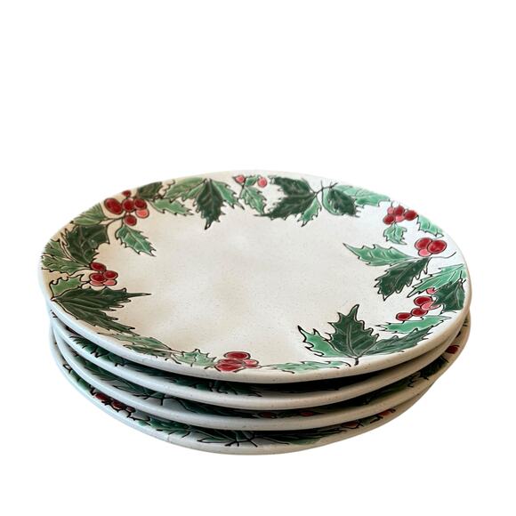 Spectrum Designz Christmas Holly Berry Salad Plates 9in Ceramic Set of 4 NEW - Picture 5 of 15